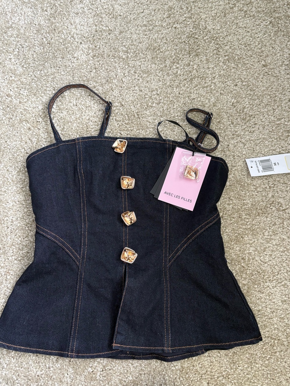 Avec Les Filles Dark Denim Corset Top with Gold Buttons